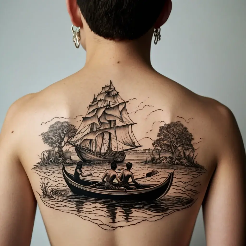 Detailed back tattoo of a sail ship and people in a rowboat on a river, surrounded by trees and birds, symbolizing adventure.