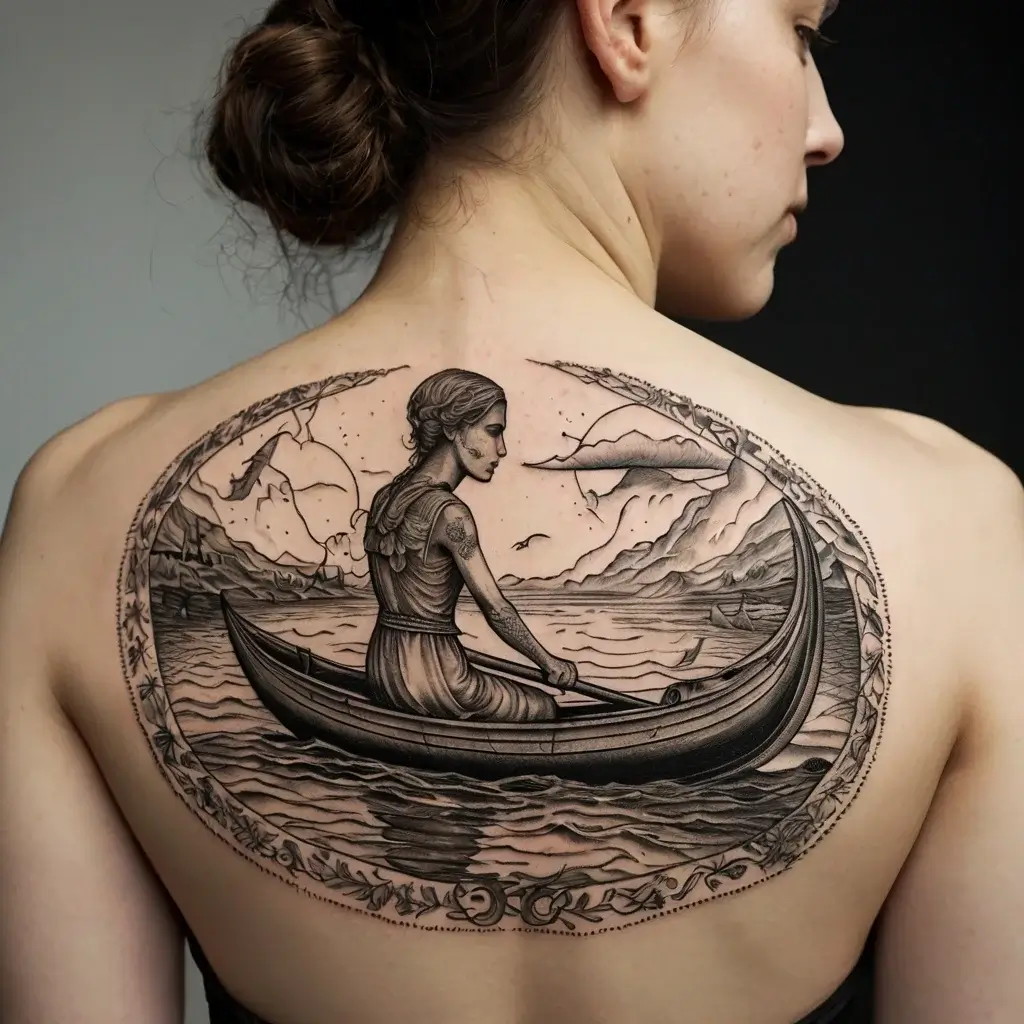 Intricate tattoo of a woman rowing a boat on a serene lake, framed by ornate, nature-inspired borders.