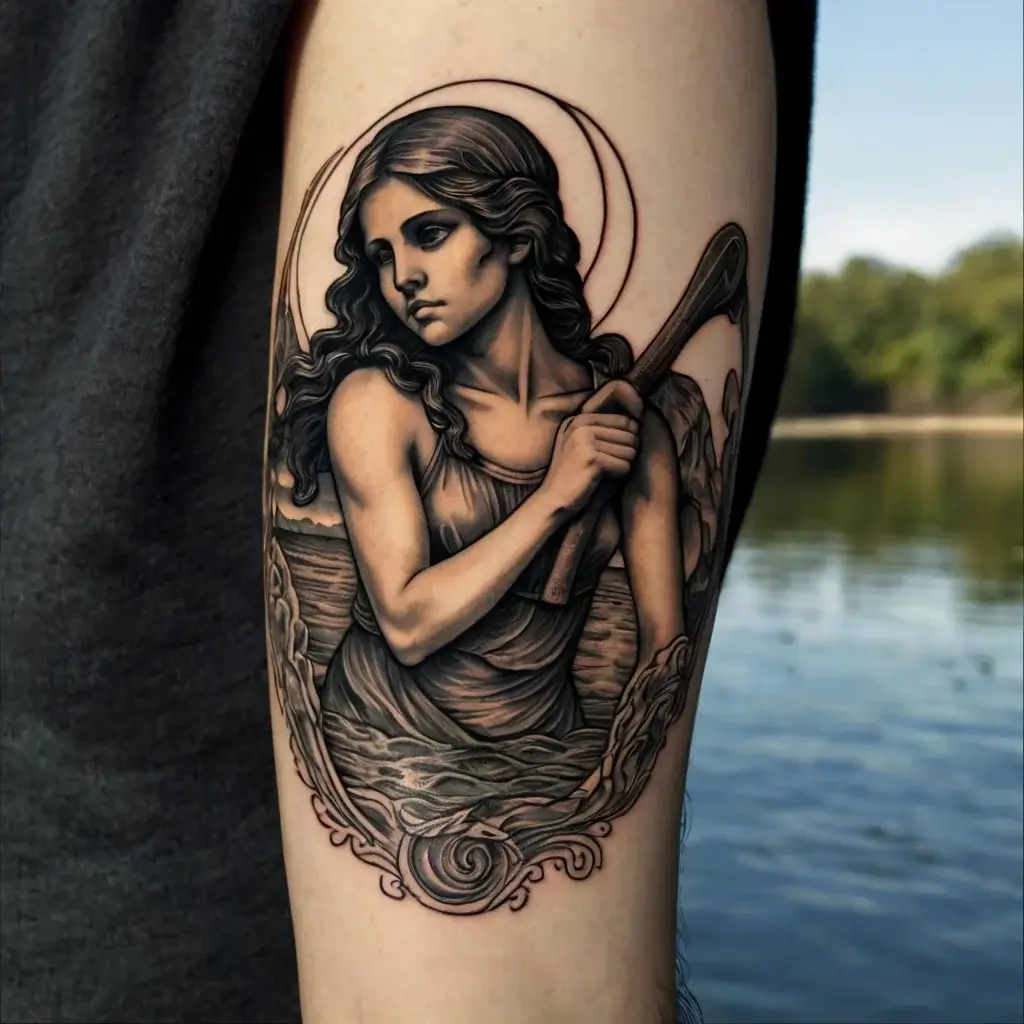 A detailed tattoo of a contemplative woman with flowing hair, holding an oar, encircled by stylized waves and halos.