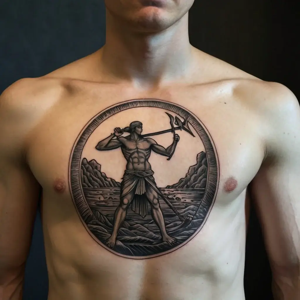 Circular tattoo featuring a warrior with a spear, mountainous background, and intricate shading on a man's chest.