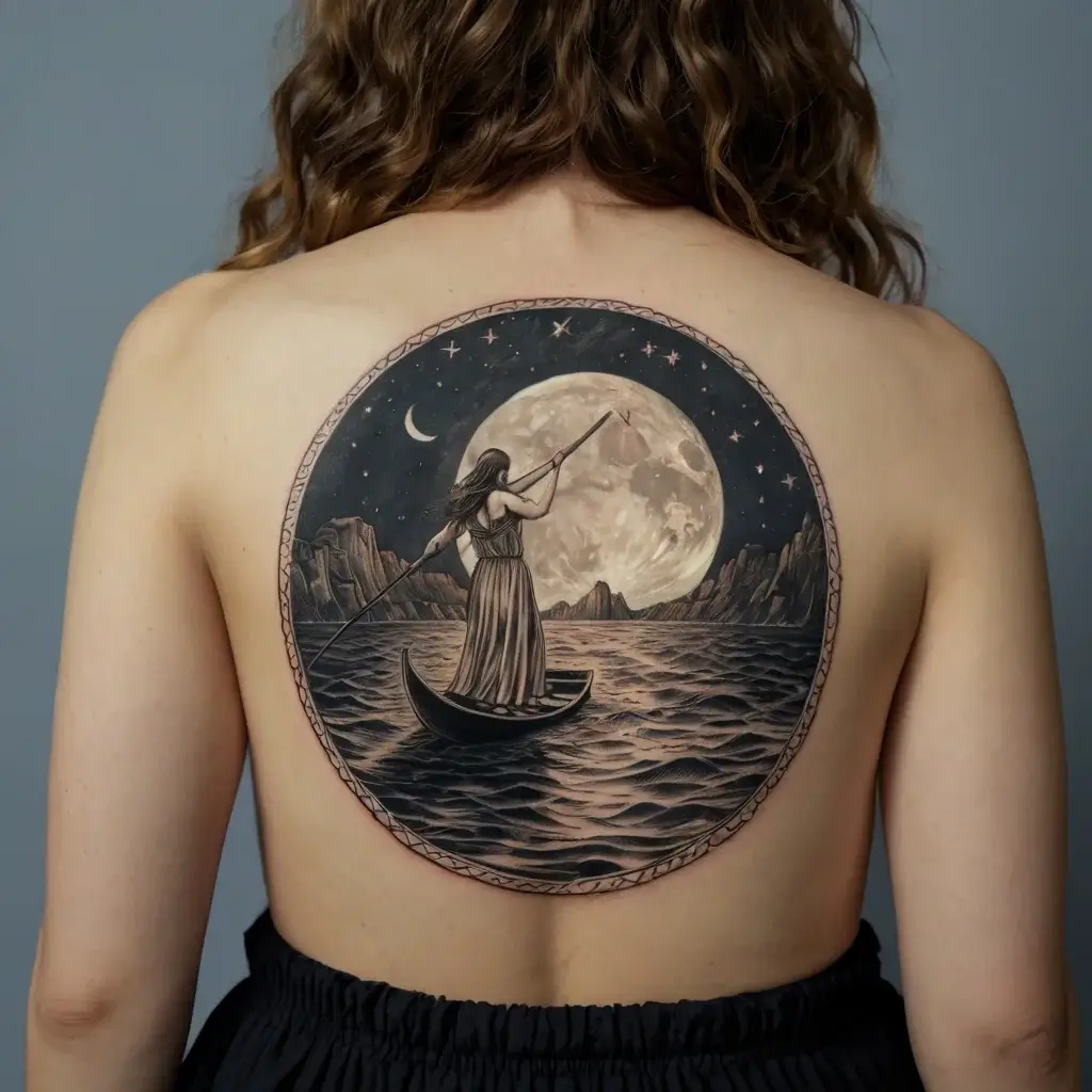 Back tattoo: woman in a boat rowing under a starry sky with a large full moon, surrounded by mountains.