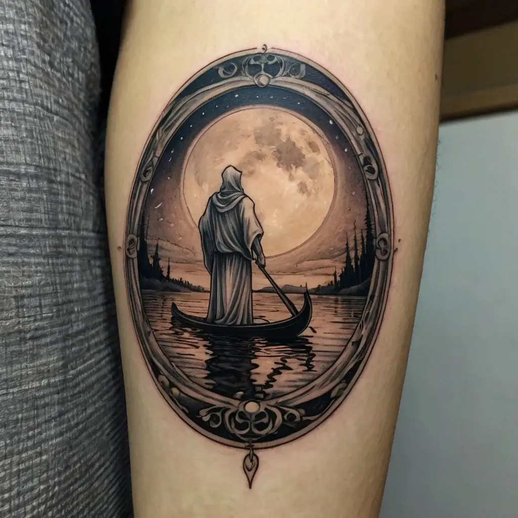 Tattoo of a cloaked figure rowing a boat under a full moon. The scene is framed in ornate details, evoking mystery.