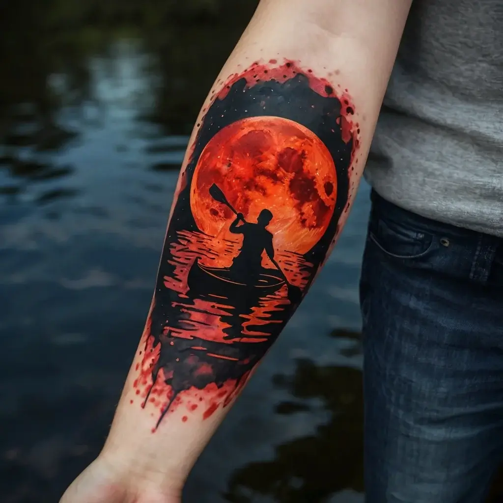 Tattoo of a silhouetted canoeist against a vivid red moon, creating a dramatic night scene with water reflections and splashes.