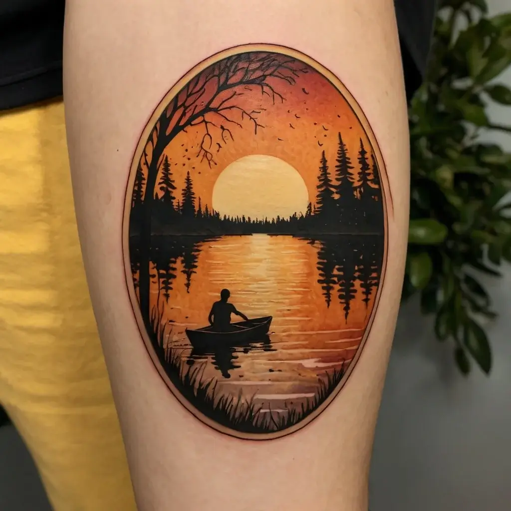 Tattoo of a silhouetted canoeist on a reflective lake at sunset, surrounded by trees and set in an oval frame.