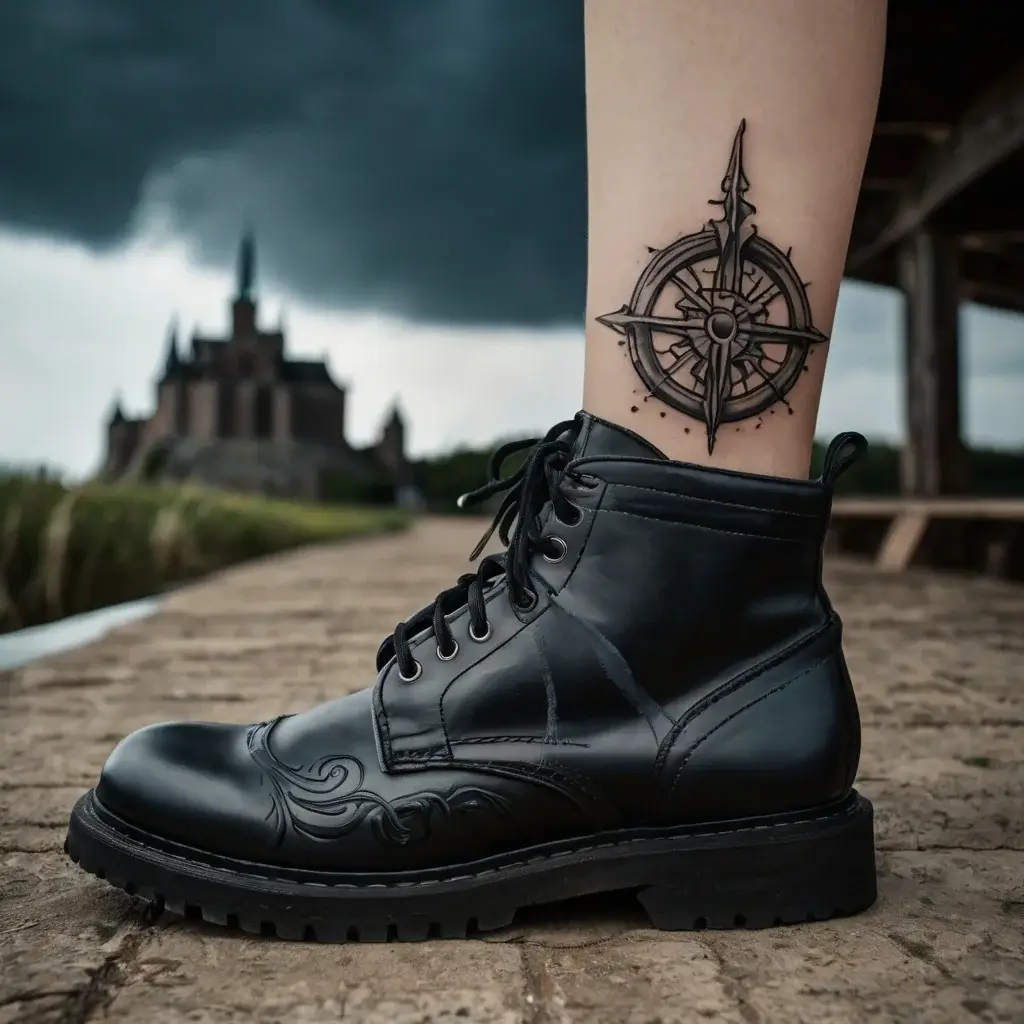 Ornate black ink compass tattoo on ankle, with intricate lines and dots, symbolizing direction and adventure on life's journey.