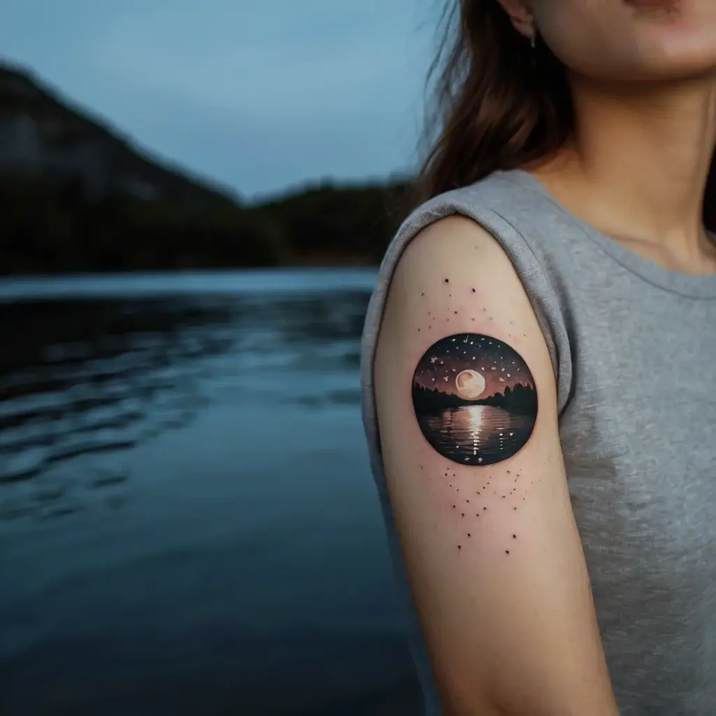 Circular tattoo of a serene lake at sunset, with a full moon and stars reflecting on the water, bordered by trees.