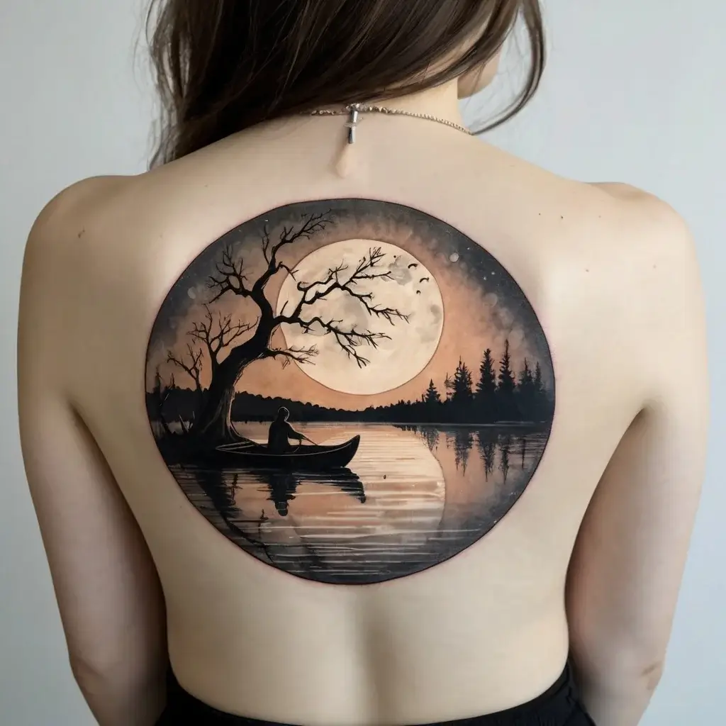 Back tattoo featuring a canoeist under a large moon, with a silhouetted tree and serene lake reflecting the scene.