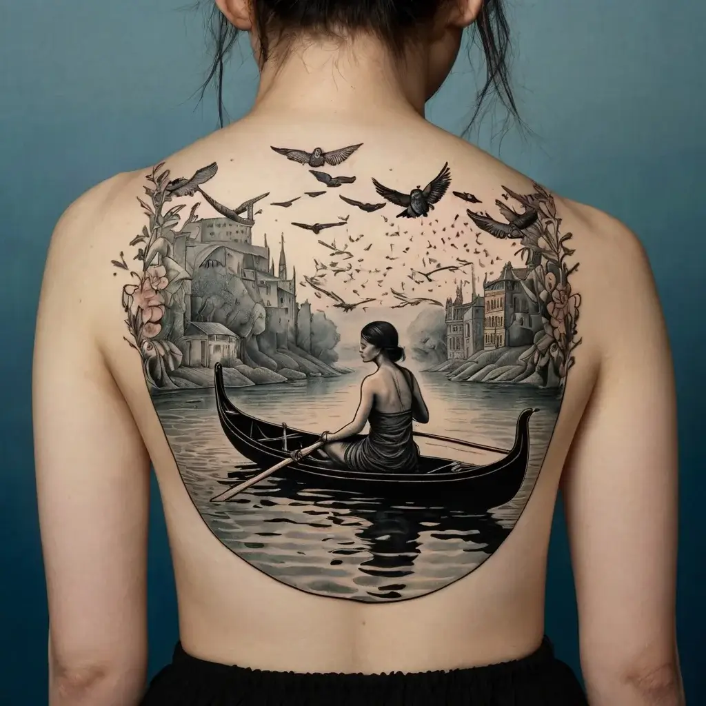 Back tattoo of a woman in a boat on a river, with buildings and birds, framed by flowers and trees in grayscale.