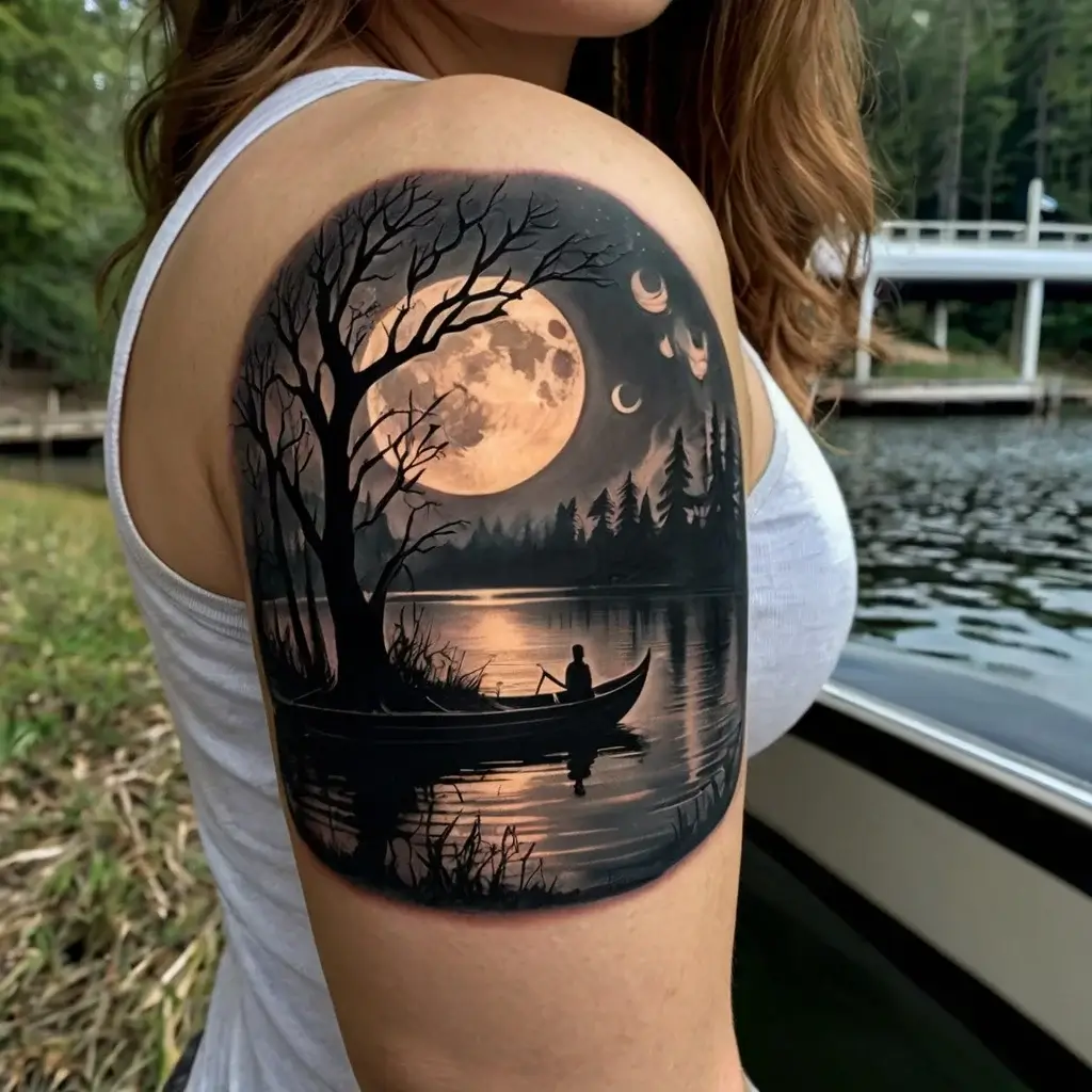 Tattoo of a serene nighttime scene with a lone boat under a large full moon, silhouetted trees, and gentle water reflections.