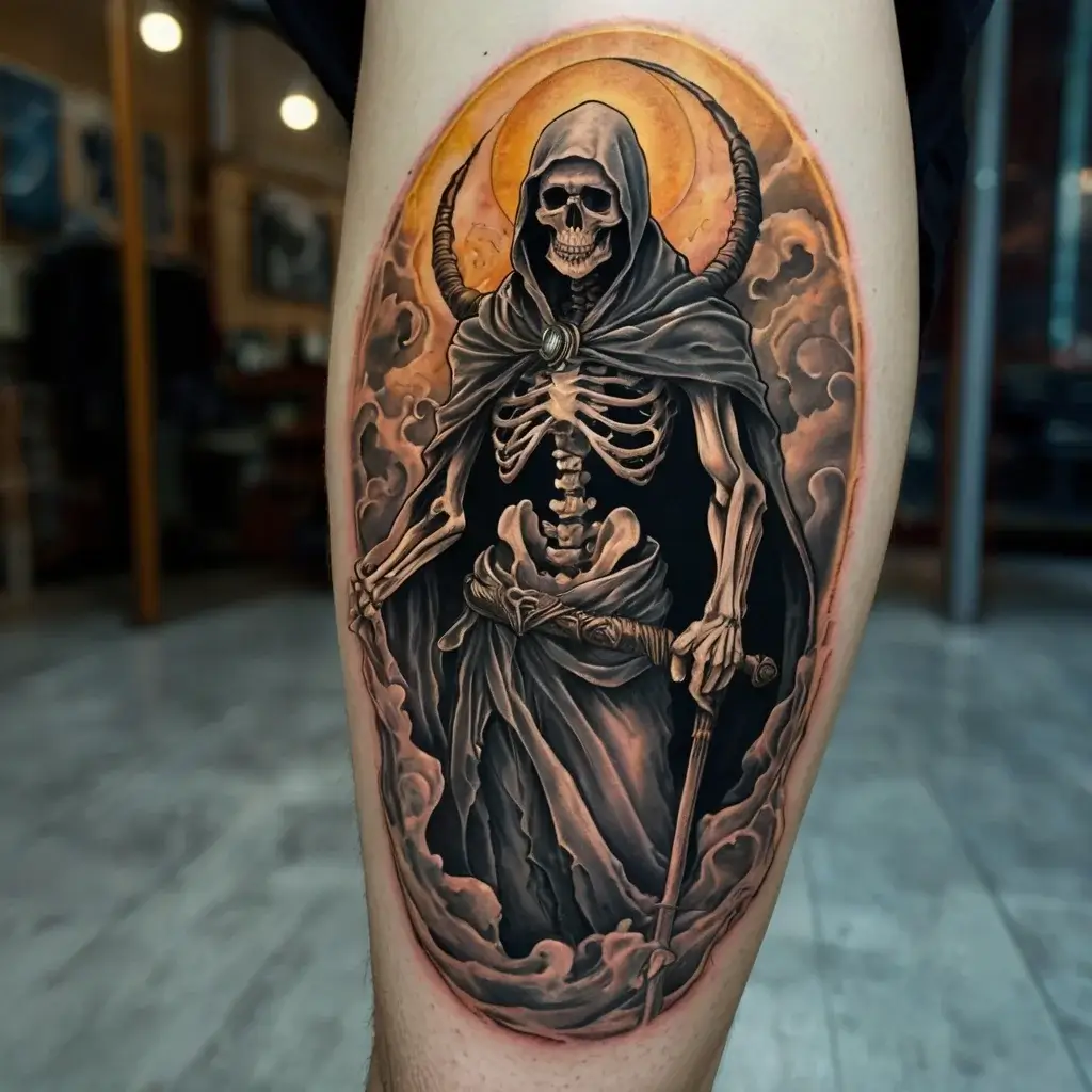 Tattoo of a hooded skeleton with a scythe in swirling clouds, highlighted by a glowing aura in intricate shading.