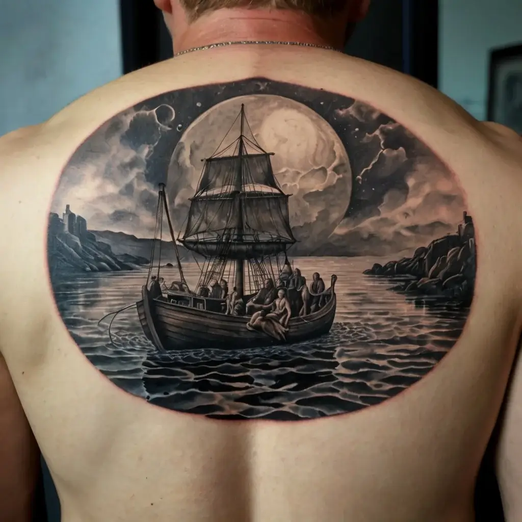 A detailed tattoo of a sailing ship on a moonlit sea, with silhouettes of passengers, cliffs, and clouds within a circular frame.