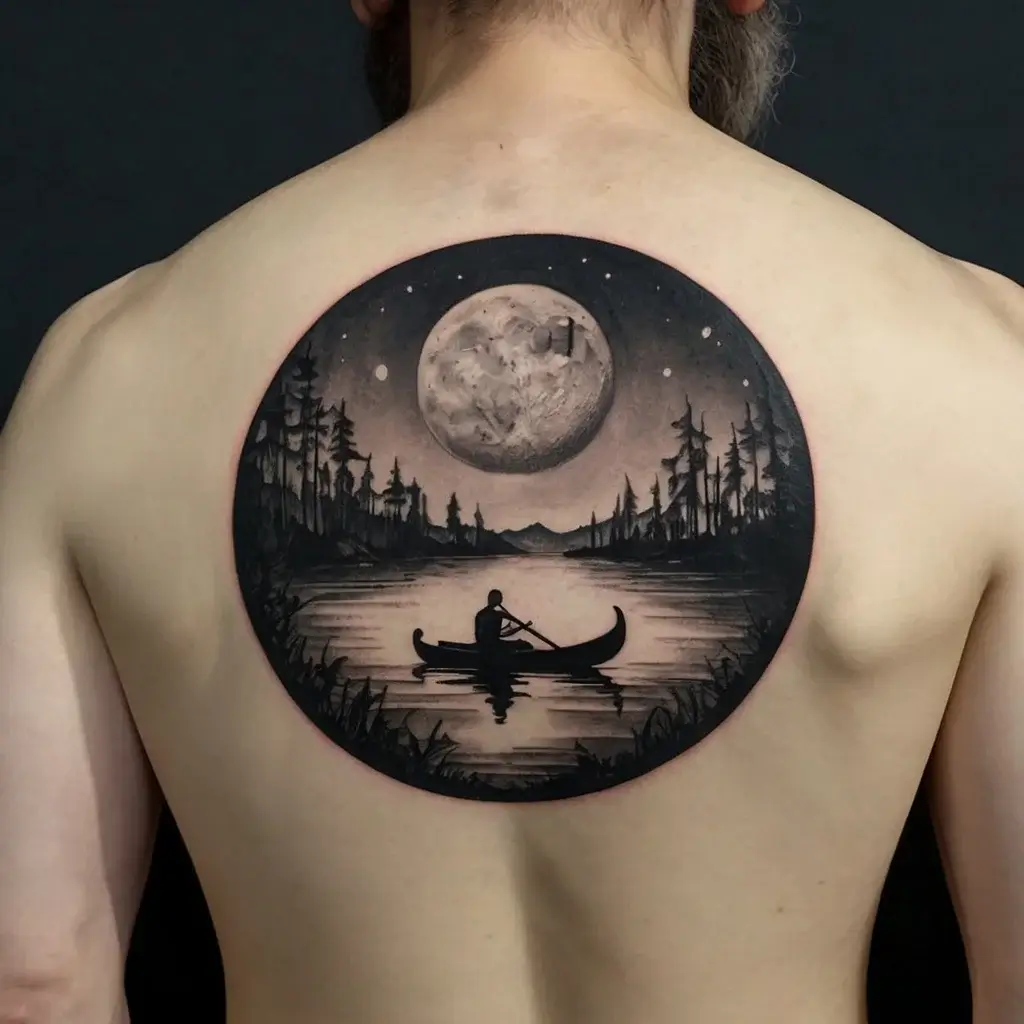 Back tattoo of a silhouetted canoeist under a starry night and full moon, encircled by a forested horizon.