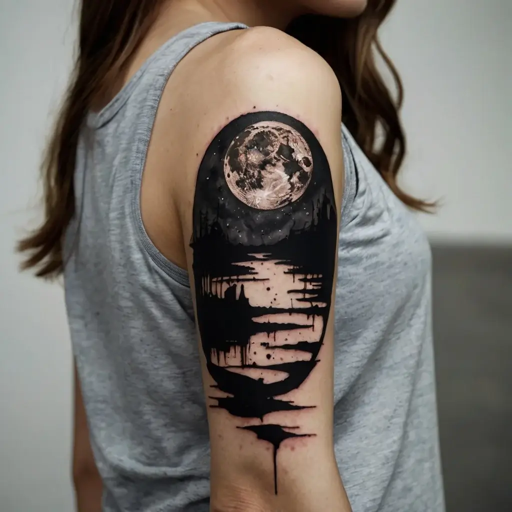 Tattoo features a detailed full moon over dark, abstract landscape with reflections, creating an ethereal night scene.