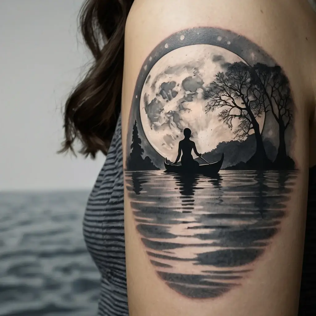 Tattoo of a silhouetted person in a canoe under a full moon, reflecting on a serene lake with silhouetted trees.