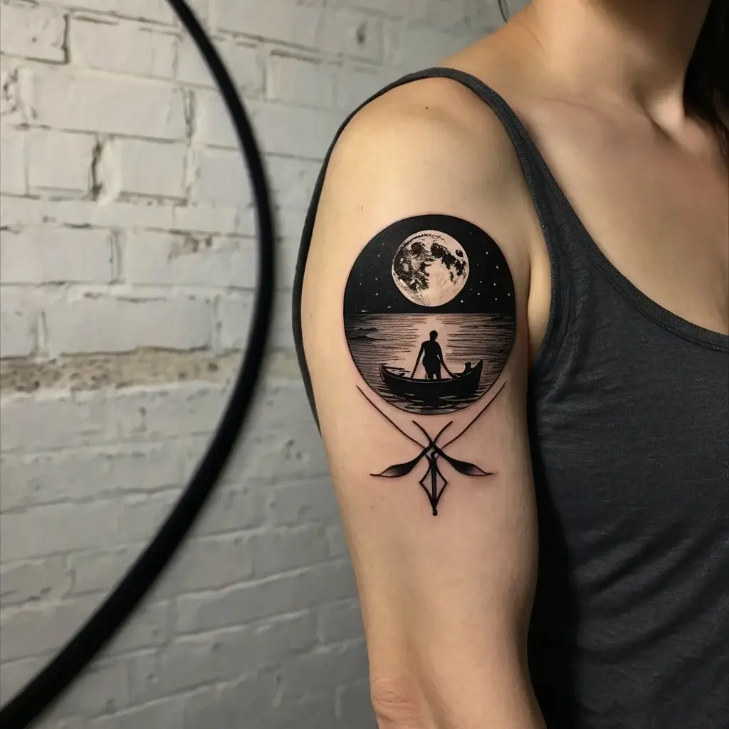 Tattoo of a silhouetted person in a boat on a moonlit sea, with crossed oars and abstract geometric details below.