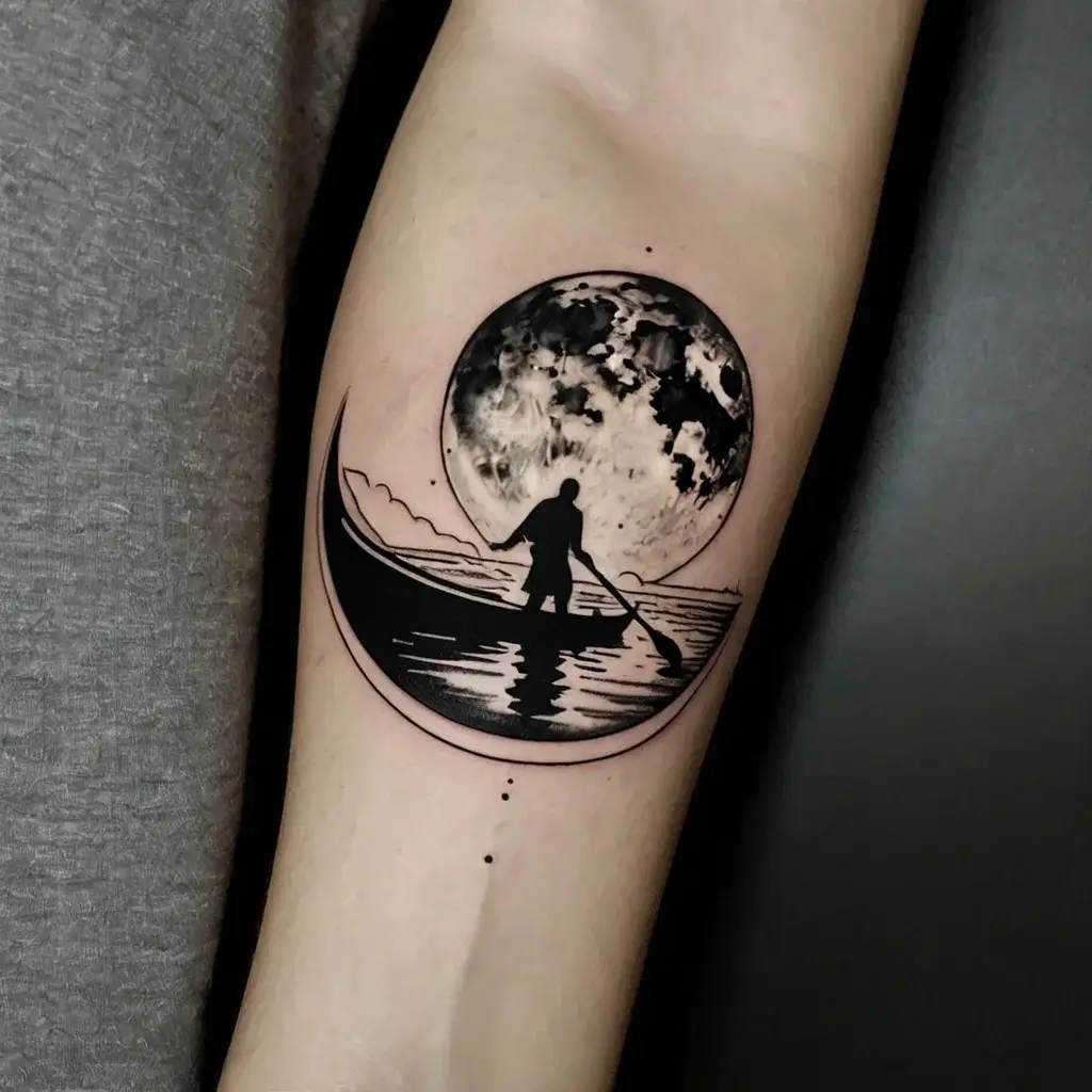 A silhouette of a person rowing in a crescent moon-shaped boat under a detailed moon, reflecting over water.