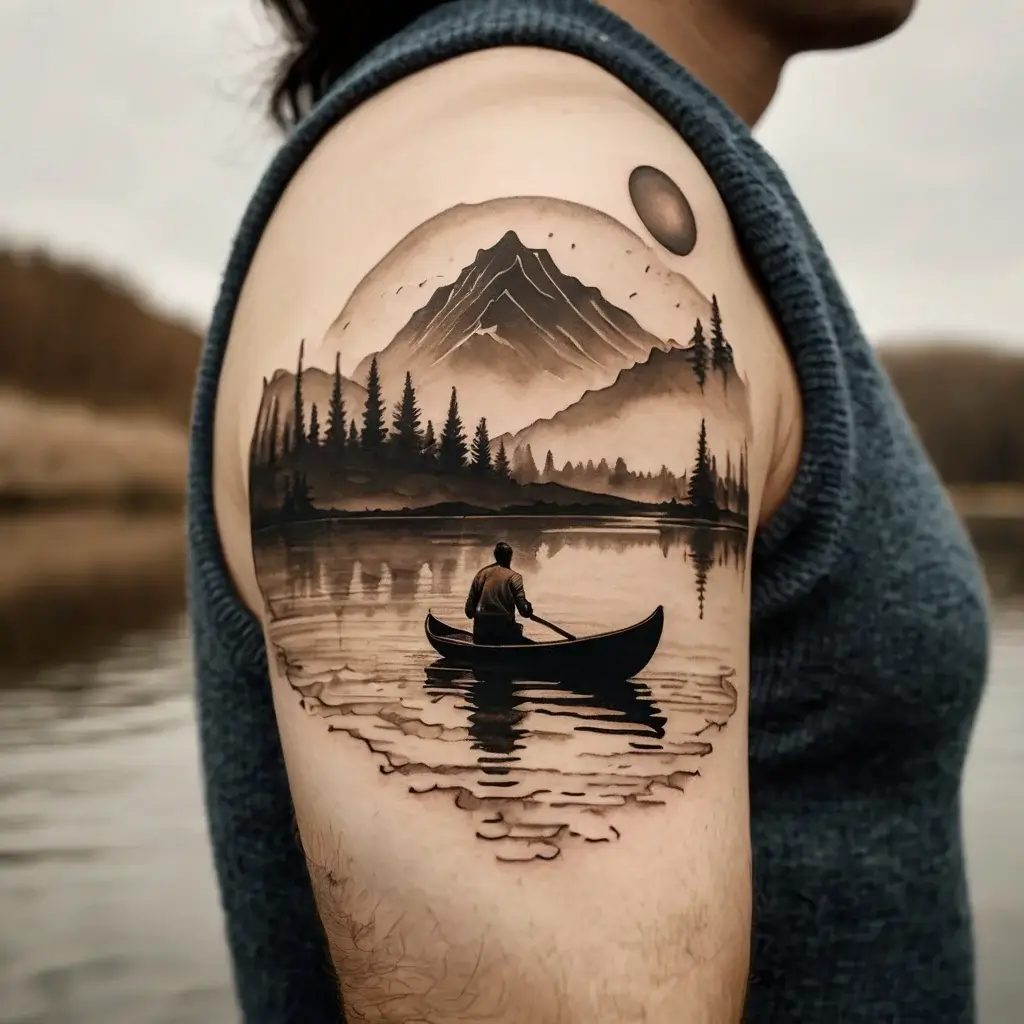 A serene landscape tattoo featuring a lone canoeist on a lake with pine trees and a mountain under a sunlit sky.