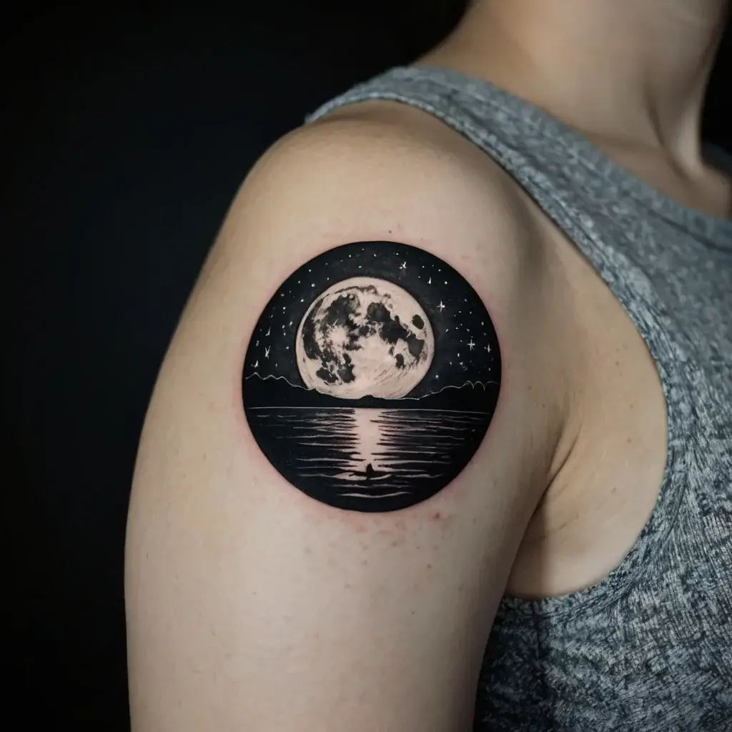 Circular tattoo of a full moon over a calm ocean, reflecting light, surrounded by stars on the upper arm.