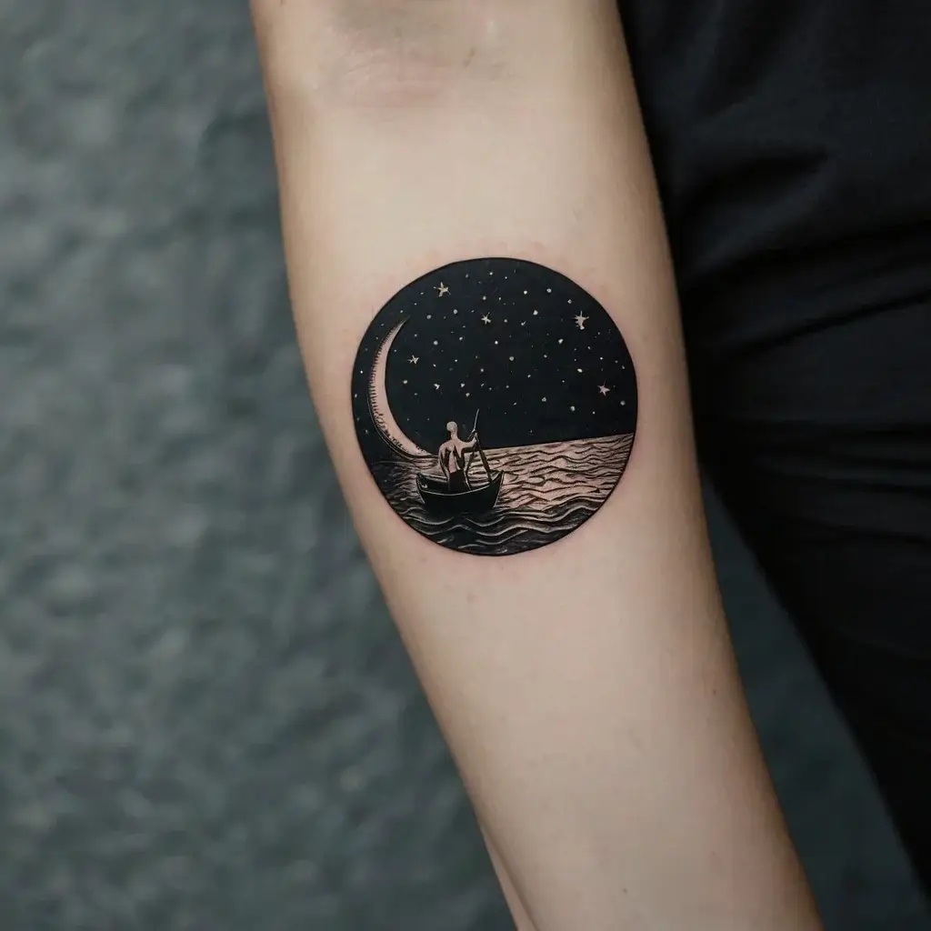 Round tattoo of a solitary figure rowing a boat under a crescent moon and starry sky, creating a dreamy, serene vibe.