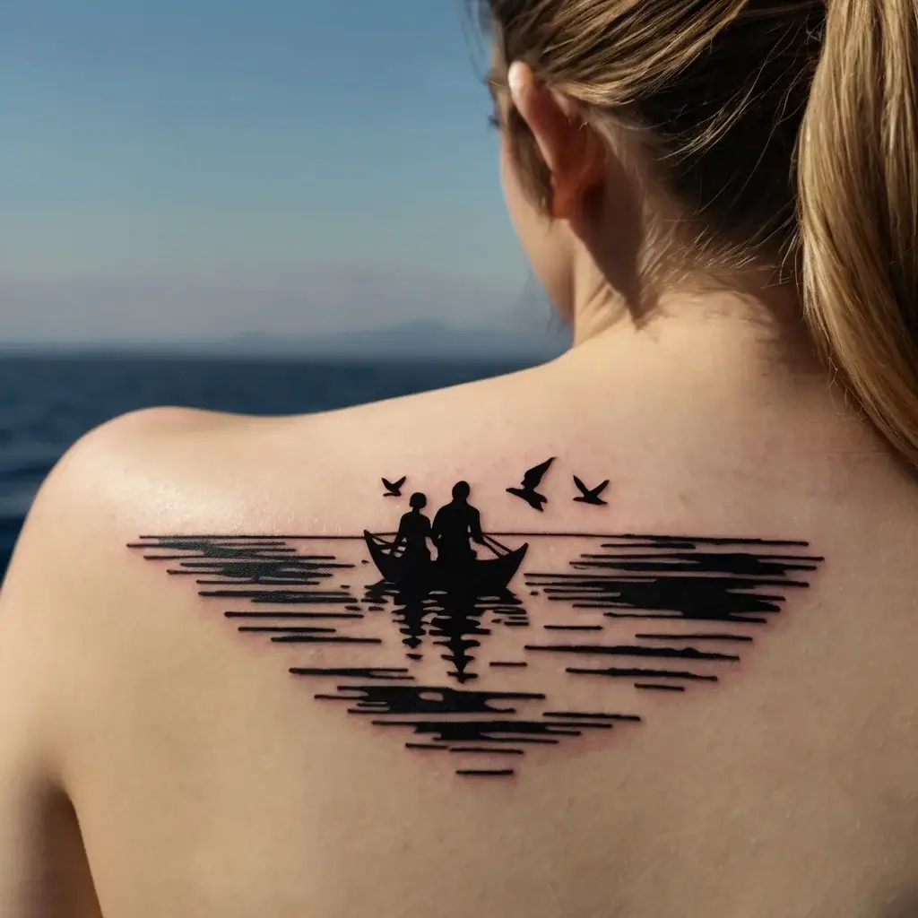 Silhouette tattoo of two people in a boat on a lake, with birds flying above, reflecting tranquility and unity.