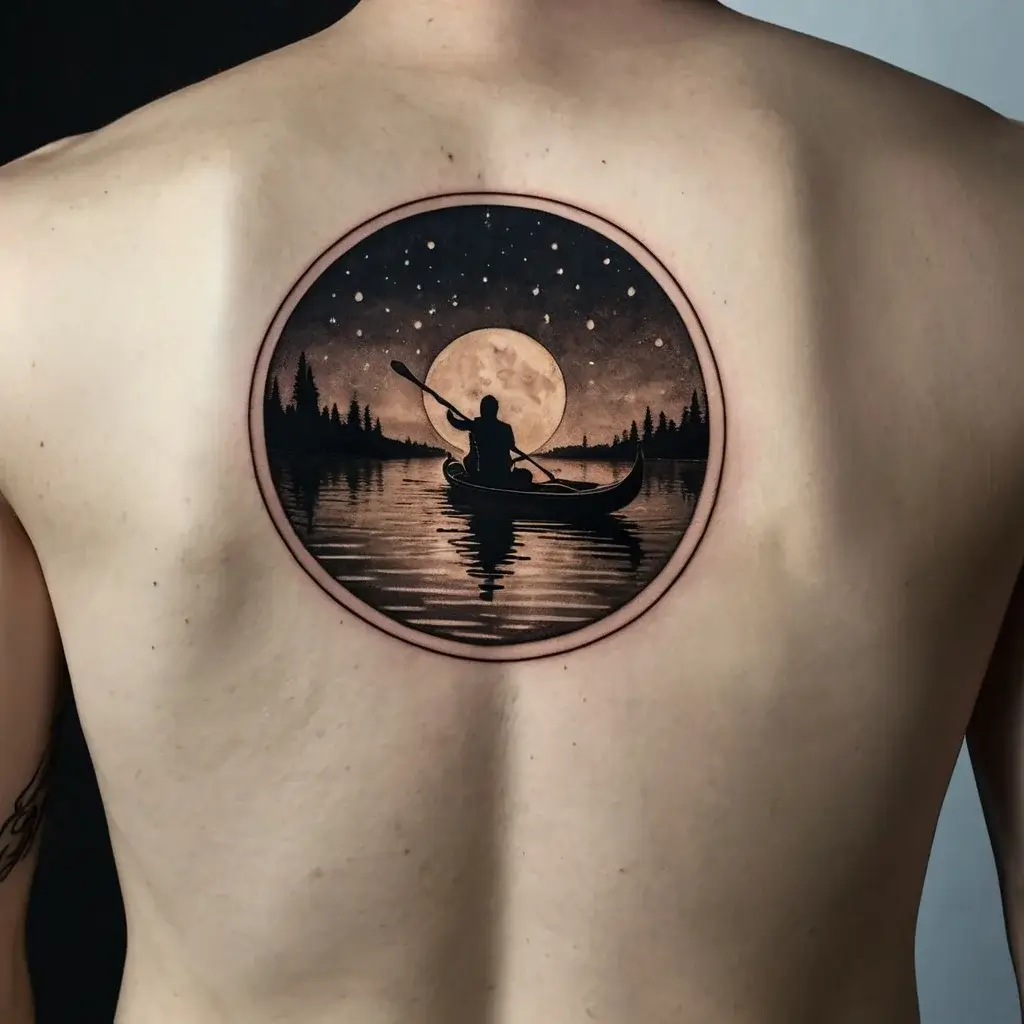 Tattoo of a canoeist under a full moon on a calm lake, encircled by trees, capturing tranquility and adventure.