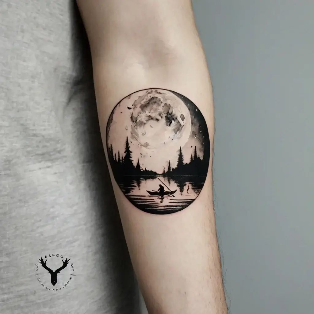 Round tattoo of a serene lake scene with a canoeist silhouetted against a large, detailed moon and pine trees.