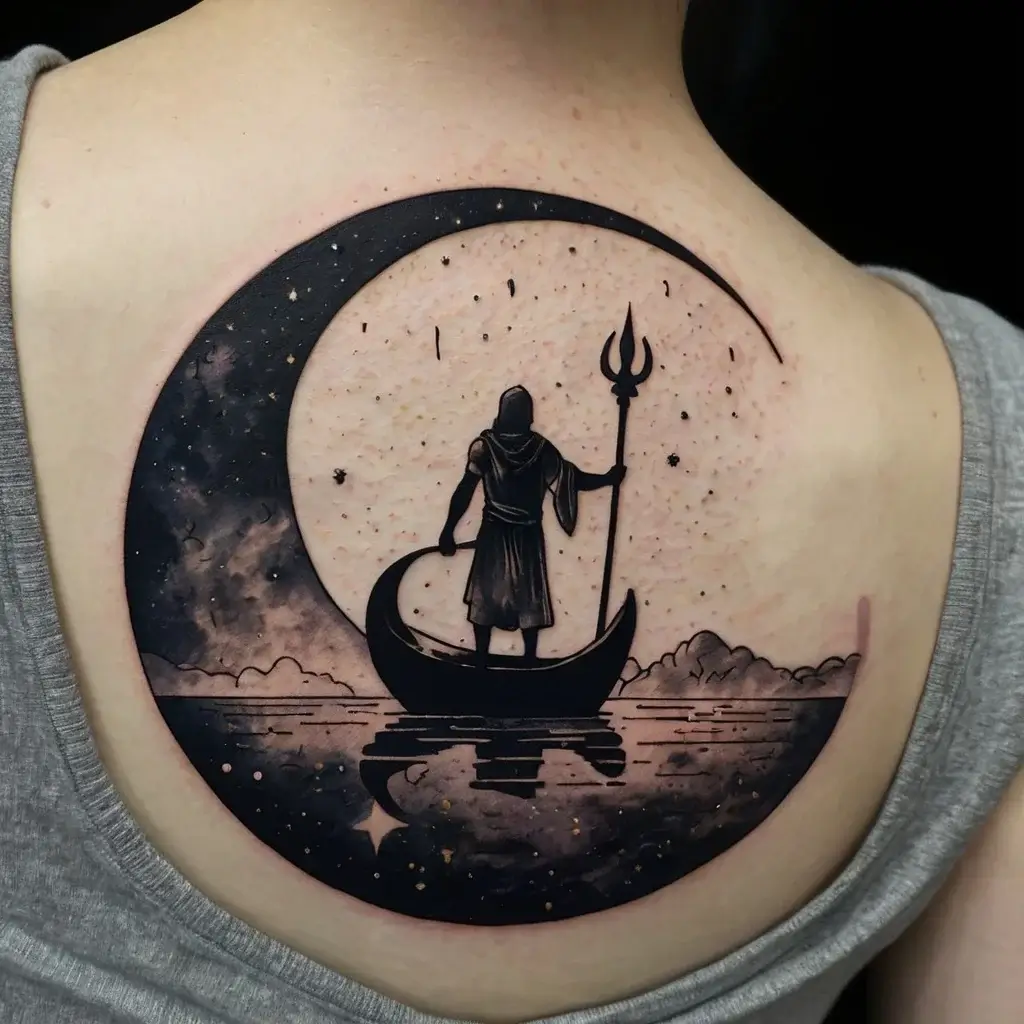 Tattoo of a cloaked figure on a crescent moon boat, holding a trident, against a starry night sky and reflected water.