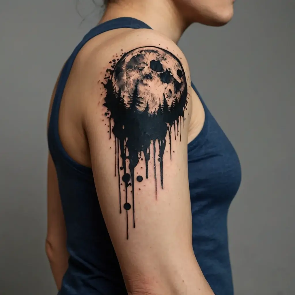 Tattoo of a full moon with dripping ink effect, featuring silhouetted forest on an arm. Shadows and detail enhance depth.