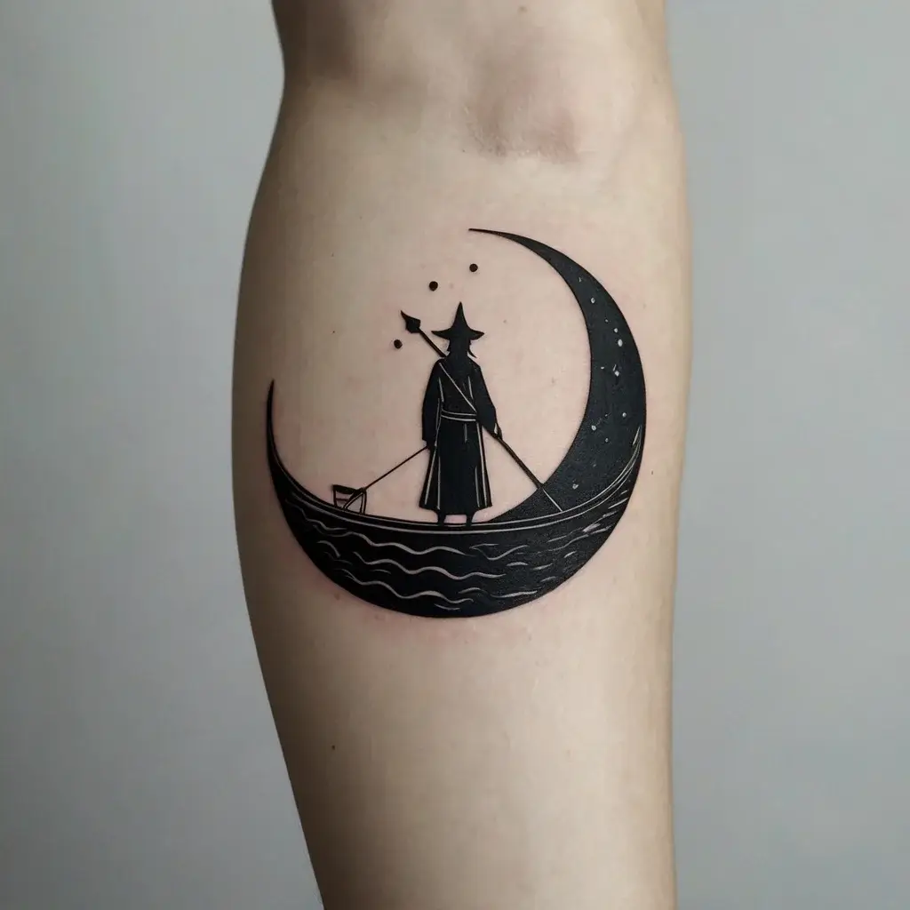 Silhouette of a cloaked figure rowing on a crescent moon boat, evoking mystery and fantasy.