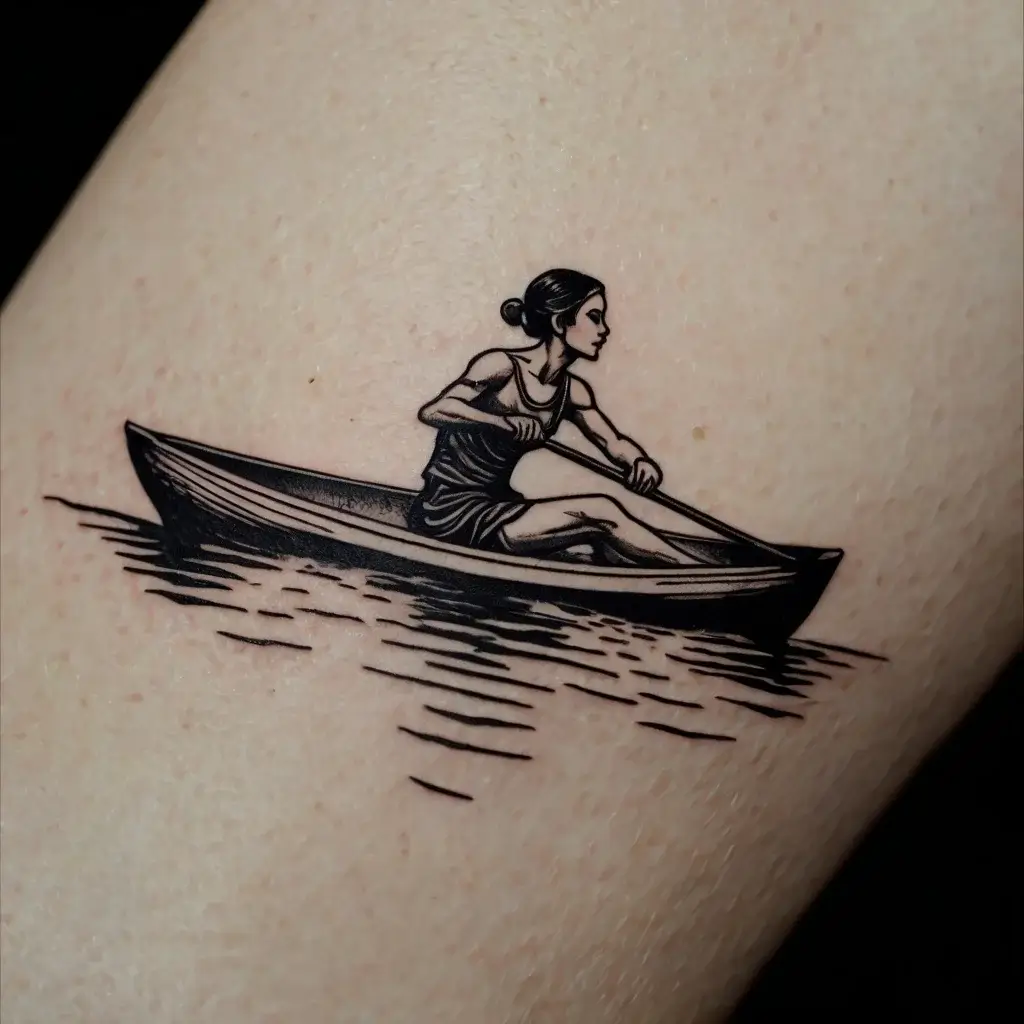 Tattoo of a woman skillfully rowing a boat, depicted in black ink, with water reflection details.