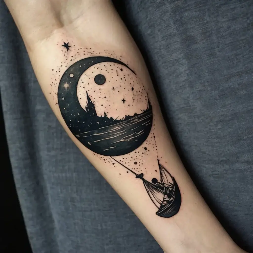 Surreal tattoo of a boat sailing upwards towards a crescent moon in a starry night sky, blending landscape and cosmos.