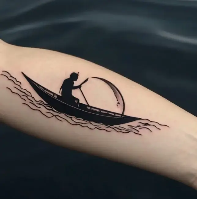 Silhouette tattoo of a lone rower in a boat beneath a crescent moon, gliding over stylized waves on the arm.