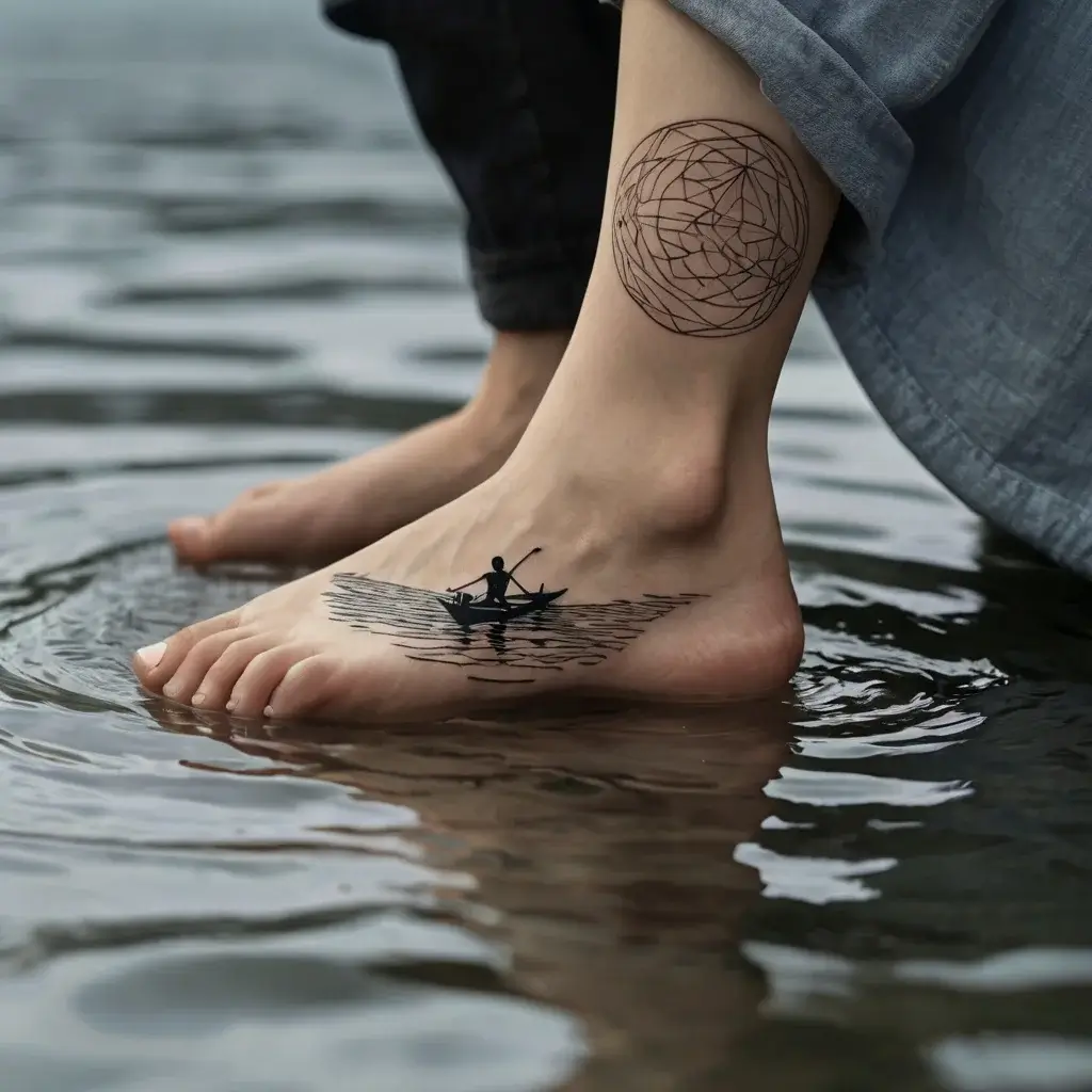 Tattoo of a geometric sphere on the ankle; silhouette of a person rowing a boat on water on the foot, symbolizing journey.