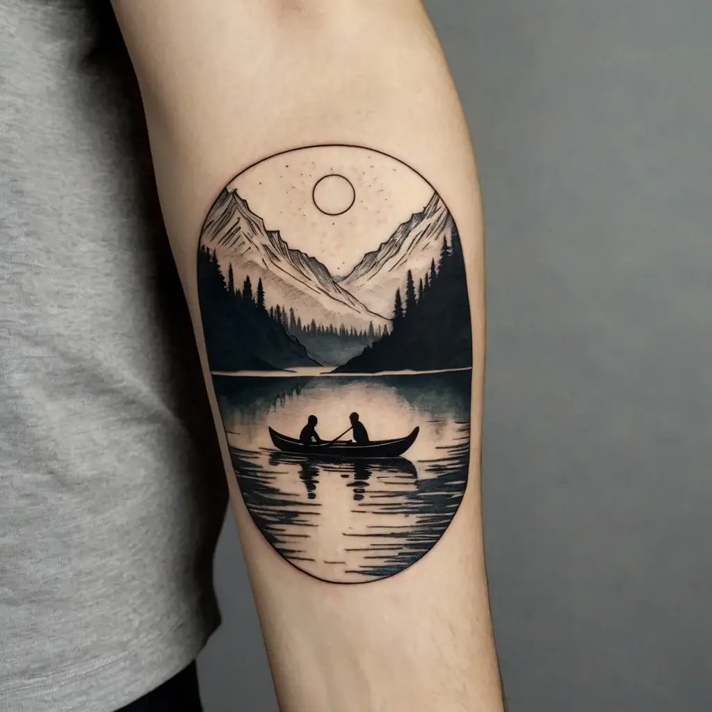 Tattoo of two people canoeing on a serene lake, with mountains and moon in the background, framed in an oval shape.