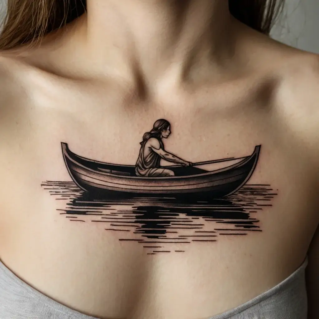 Black and grey tattoo of a person rowing a boat, creating a reflective ripple on calm water across the upper chest.