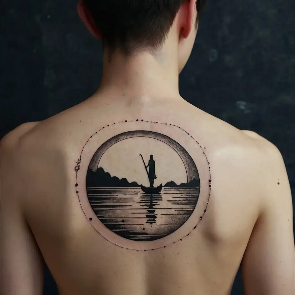 Tattoo of a person in a boat on a lake with mountains at sunrise, encircled by a dotted, textured border.