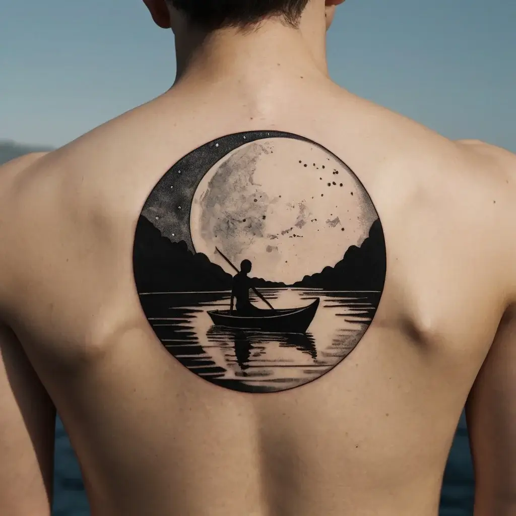 Tattoo of a round landscape shows a lone figure in a boat under a large moon, reflecting artistic serenity.