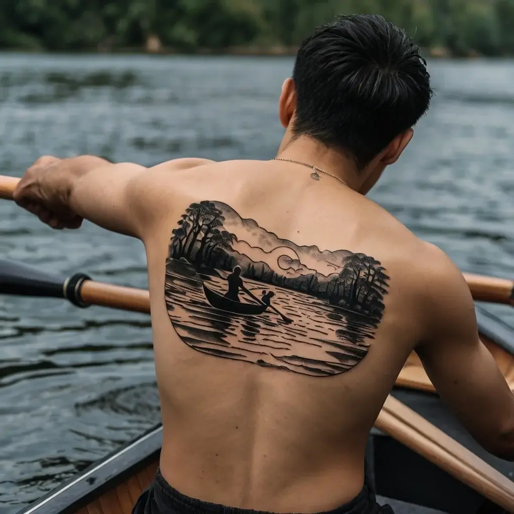 Back tattoo of a tranquil river scene, featuring a silhouette of two people rowing under a cloudy night sky.