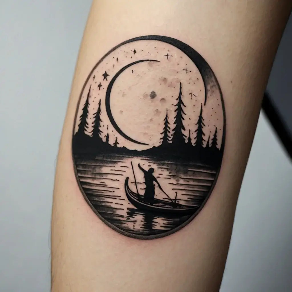 Tattoo of a crescent moon with stars over a forest and lake, featuring a person in a boat.