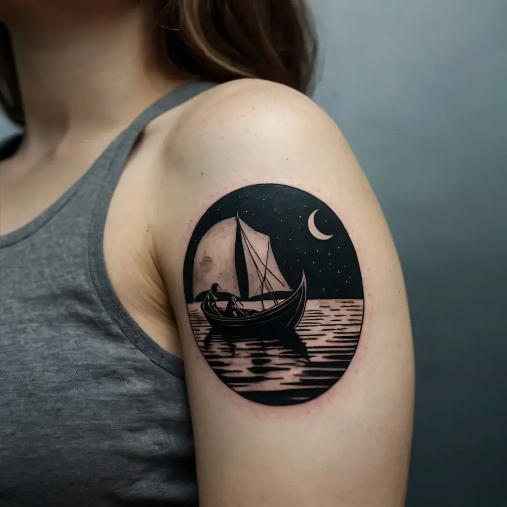 Tattoo of a sailboat on a calm sea under a crescent moon and stars, offering a serene night scene in a circular frame.