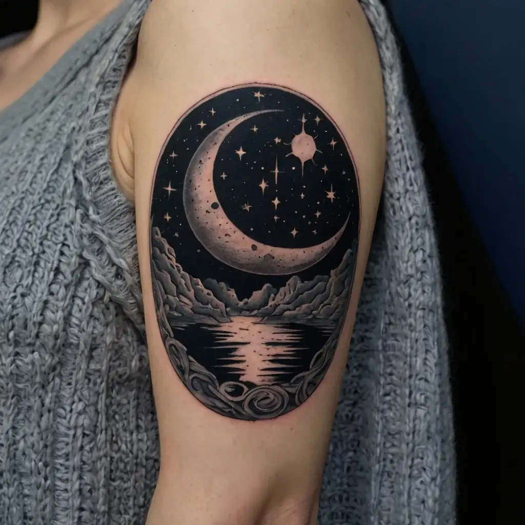 Crescent moon tattoo with starry night, rocky landscape, and a reflective lake, in black and gray on the upper arm.