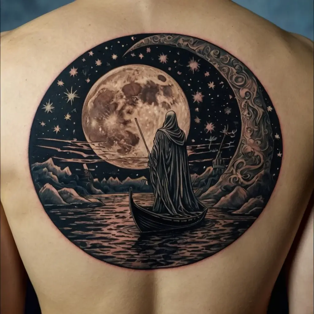 Tattoo depicting a cloaked figure in a boat on a night sea, under a large full moon and surrounded by stars in a circular design.