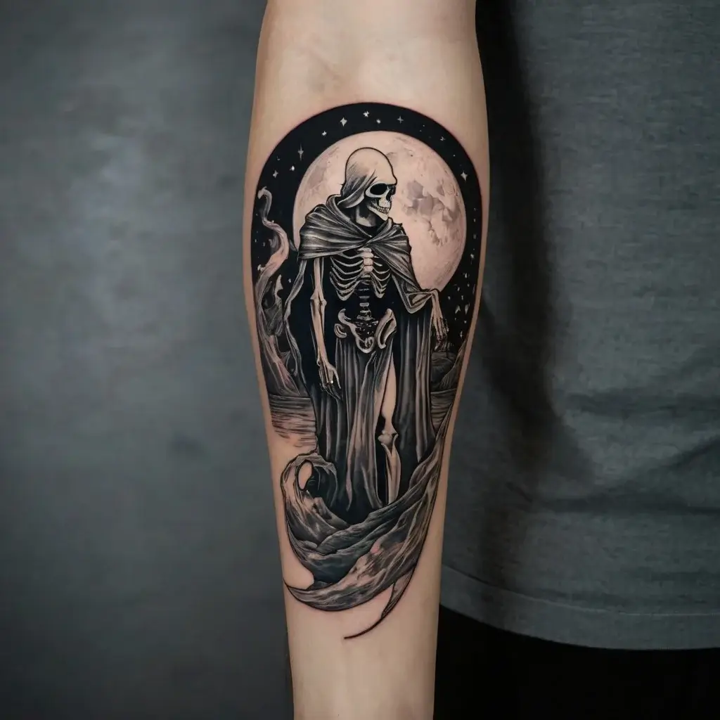 Tattoo of a cloaked skeleton in front of a full moon, surrounded by stars, with flowing robes on a forearm.