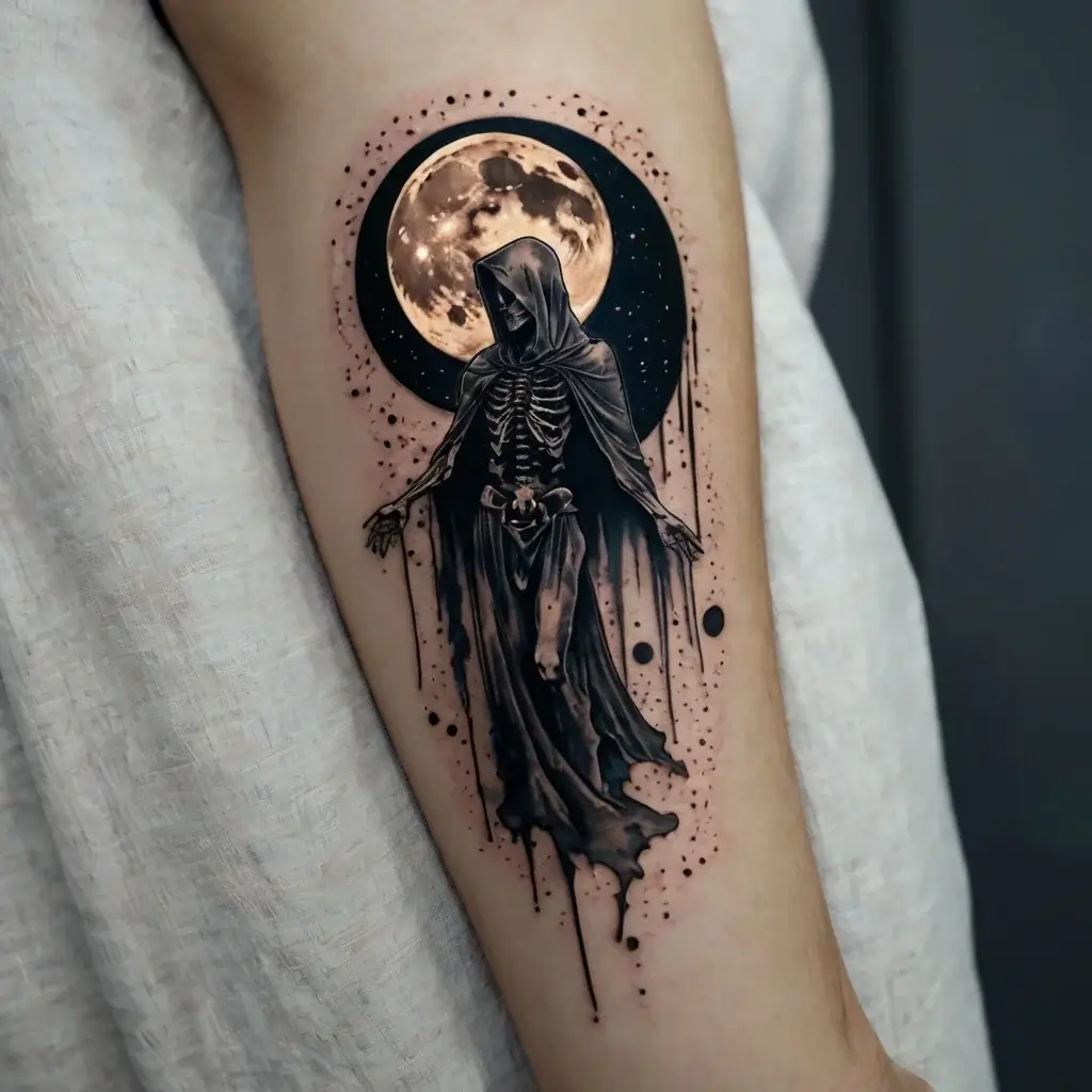 Grim Reaper tattoo with skeletal figure and cloak, standing before a detailed full moon, enhanced by dark ink drips.