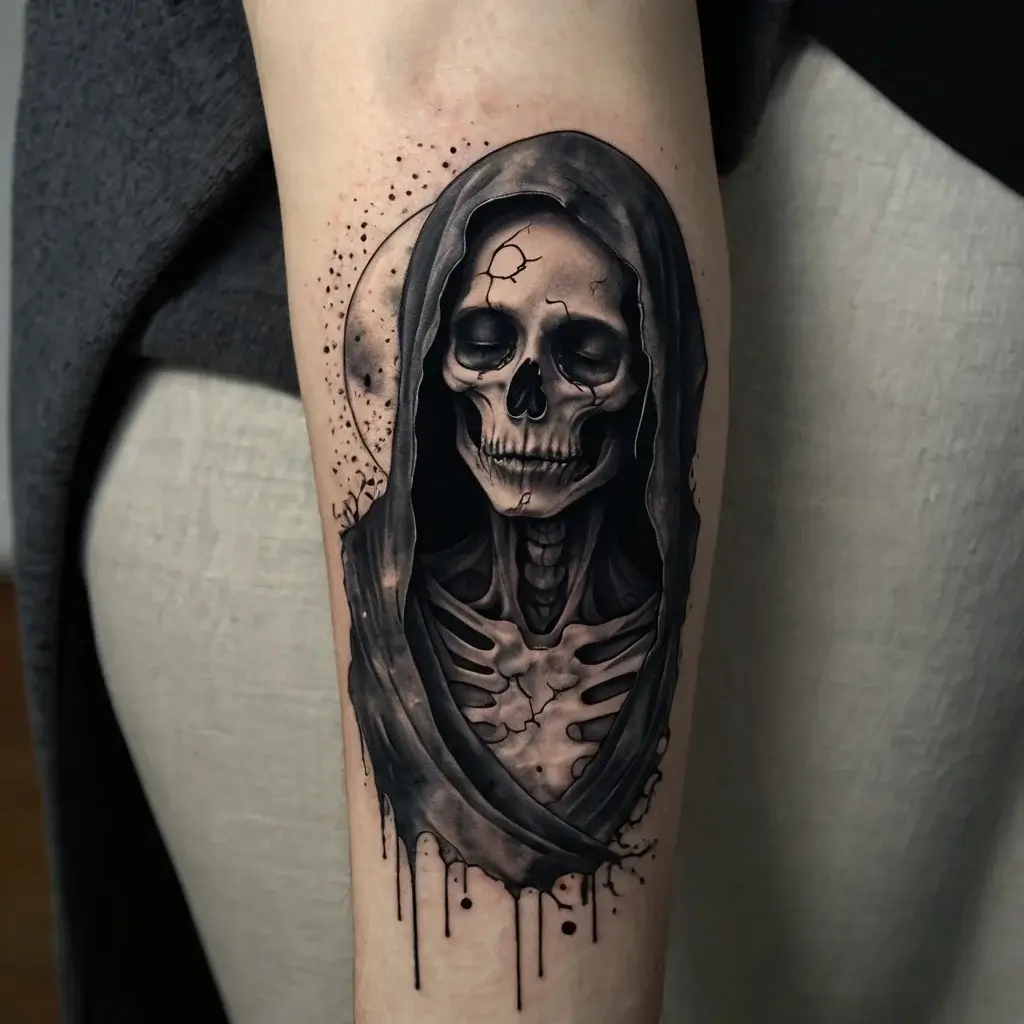 Realistic hooded skull tattoo with detailed shading, cracks, and dripping effects, symbolizing mortality and mystery.