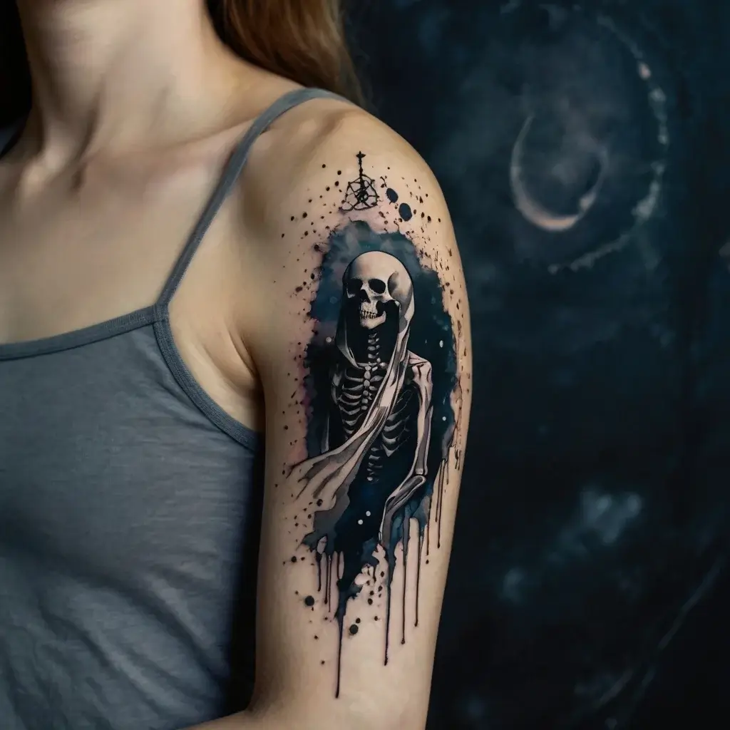 Tattoo of a hooded skeleton in watercolor style with splatters, dripping effects, and a small geometric symbol above the figure.