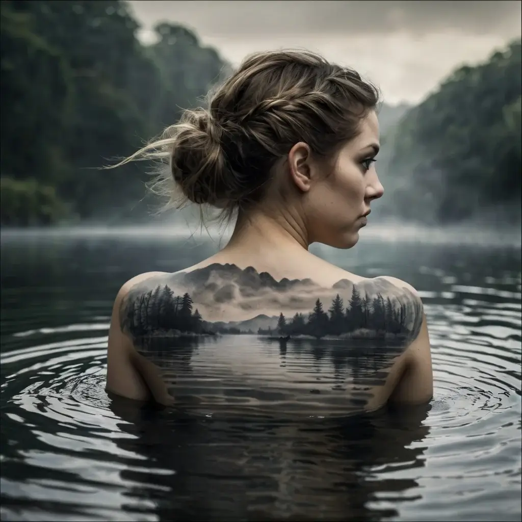 Back tattoo of a serene landscape with misty mountains, forest, and a reflective lake across the upper shoulders.