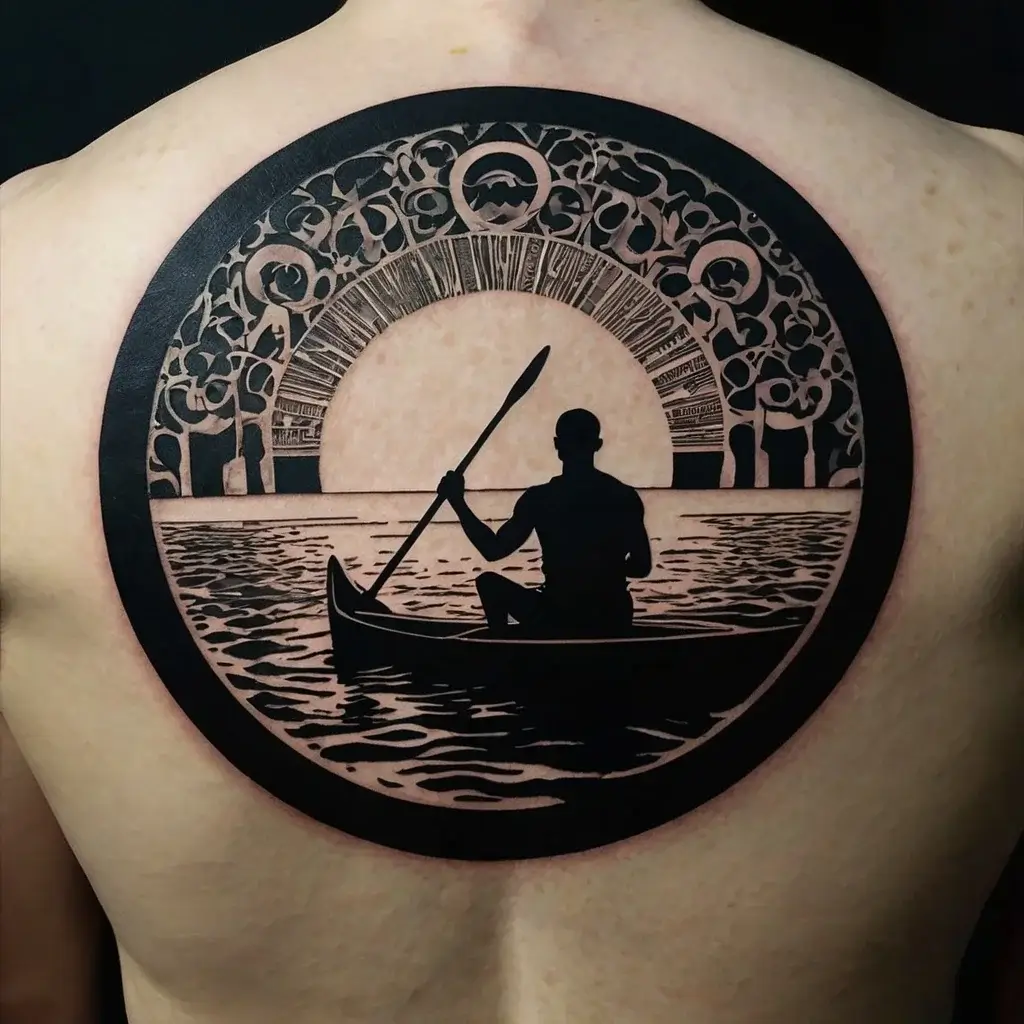 Tattoo of a person rowing a canoe towards a stylized sun, surrounded by intricate circular patterns, symbolizing a journey.