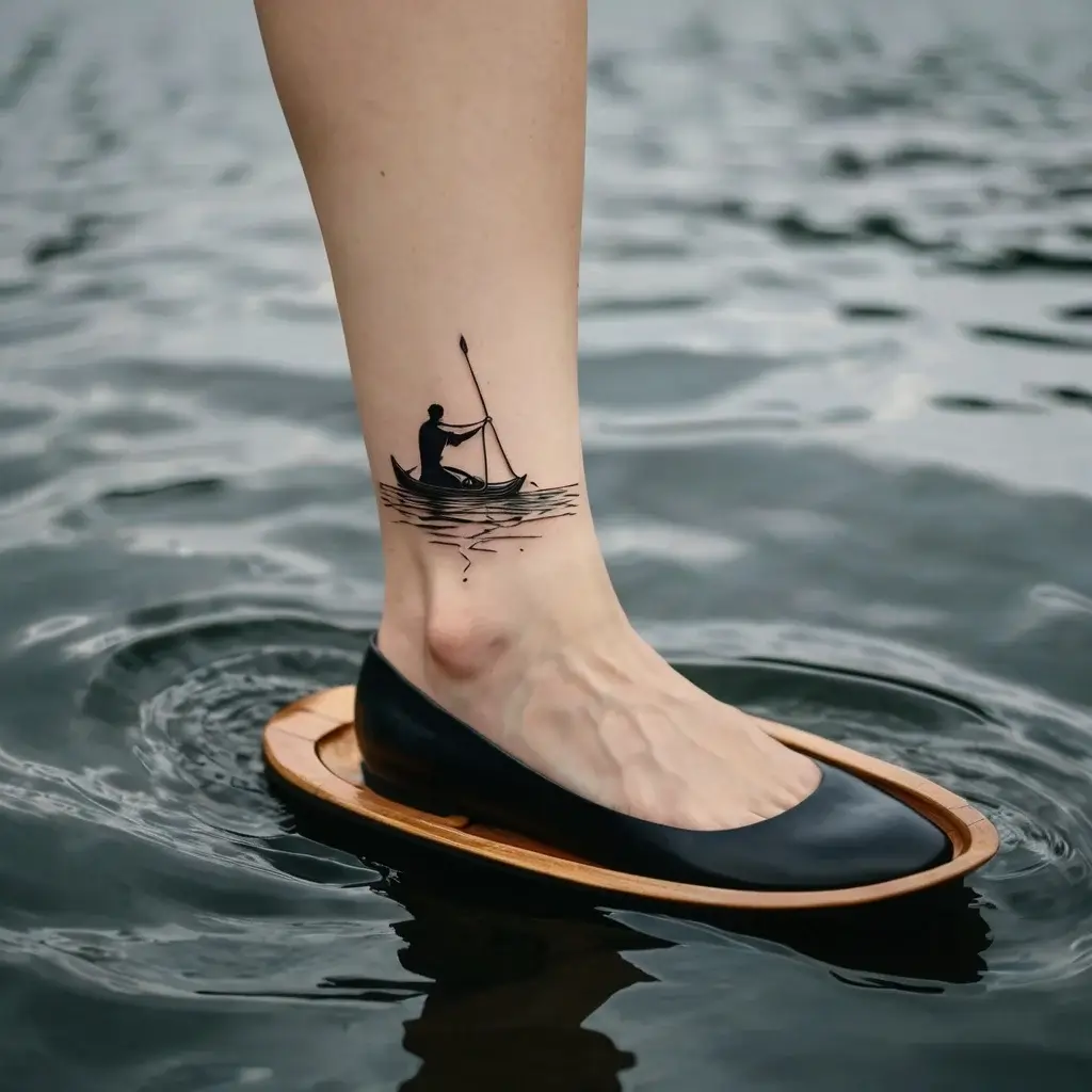 Silhouette of a lone fisherman in a boat, casting a rod on calm waters, tattooed on the ankle.