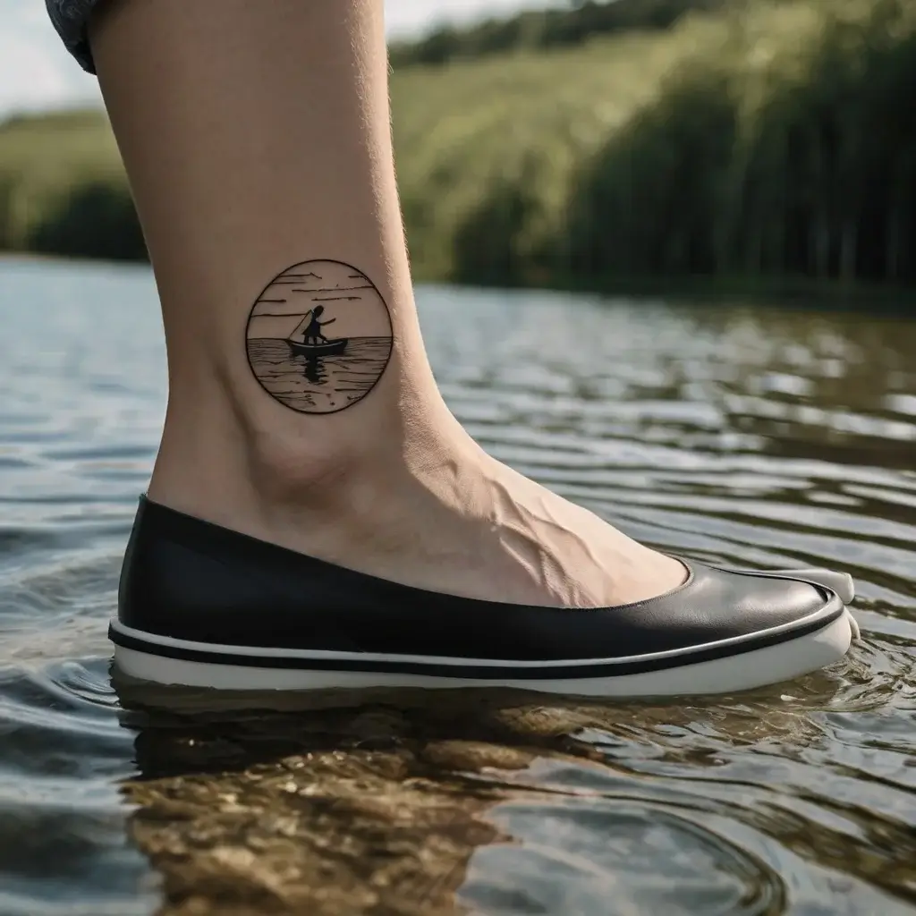 Circular tattoo of a silhouetted canoeist on a calm lake with a sunset backdrop, placed above the ankle.